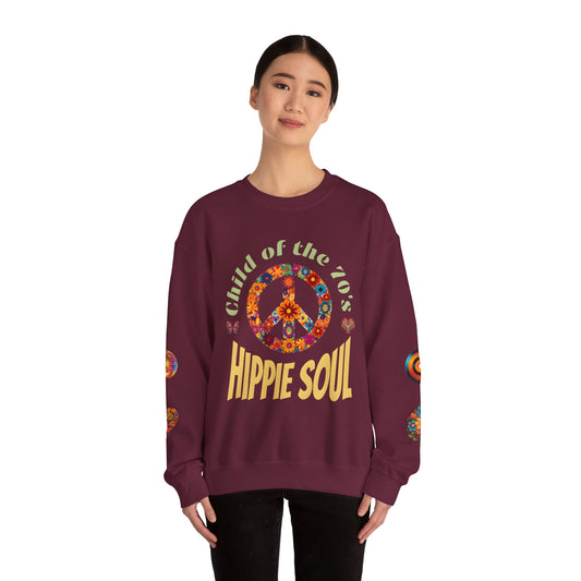 Retro Hippie Soul Crewneck Sweatshirt, Vintage 70s Fashion, Peace Sign Design, Gift for 1970's Lovers, Unisex Apparel, Cozy Sweatshirt