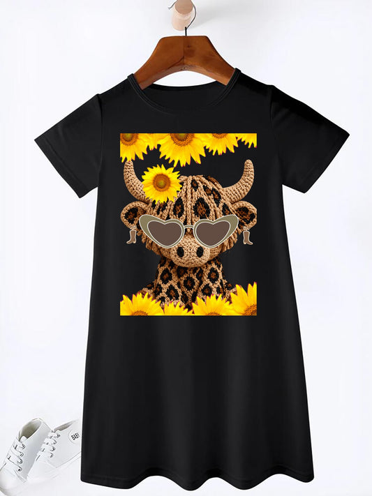 Yarn Highland Cow with Sunflowers Summer Short Dress for Girls