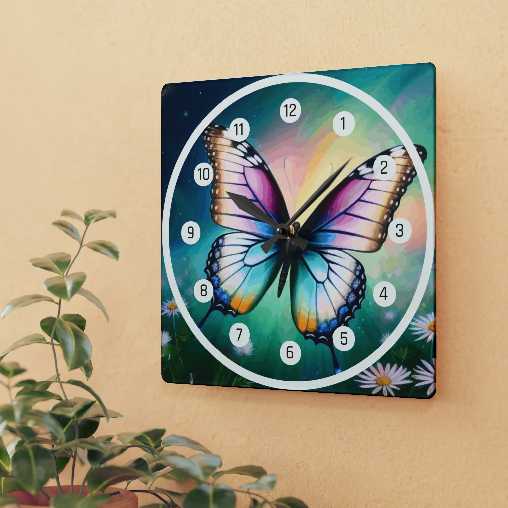 Beautiful Butterfly and Daisies Acrylic Wall Clock
