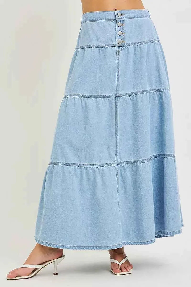 Light Wash High Rise Ruffle Tiered Button Front Maxi Skirt by Risen