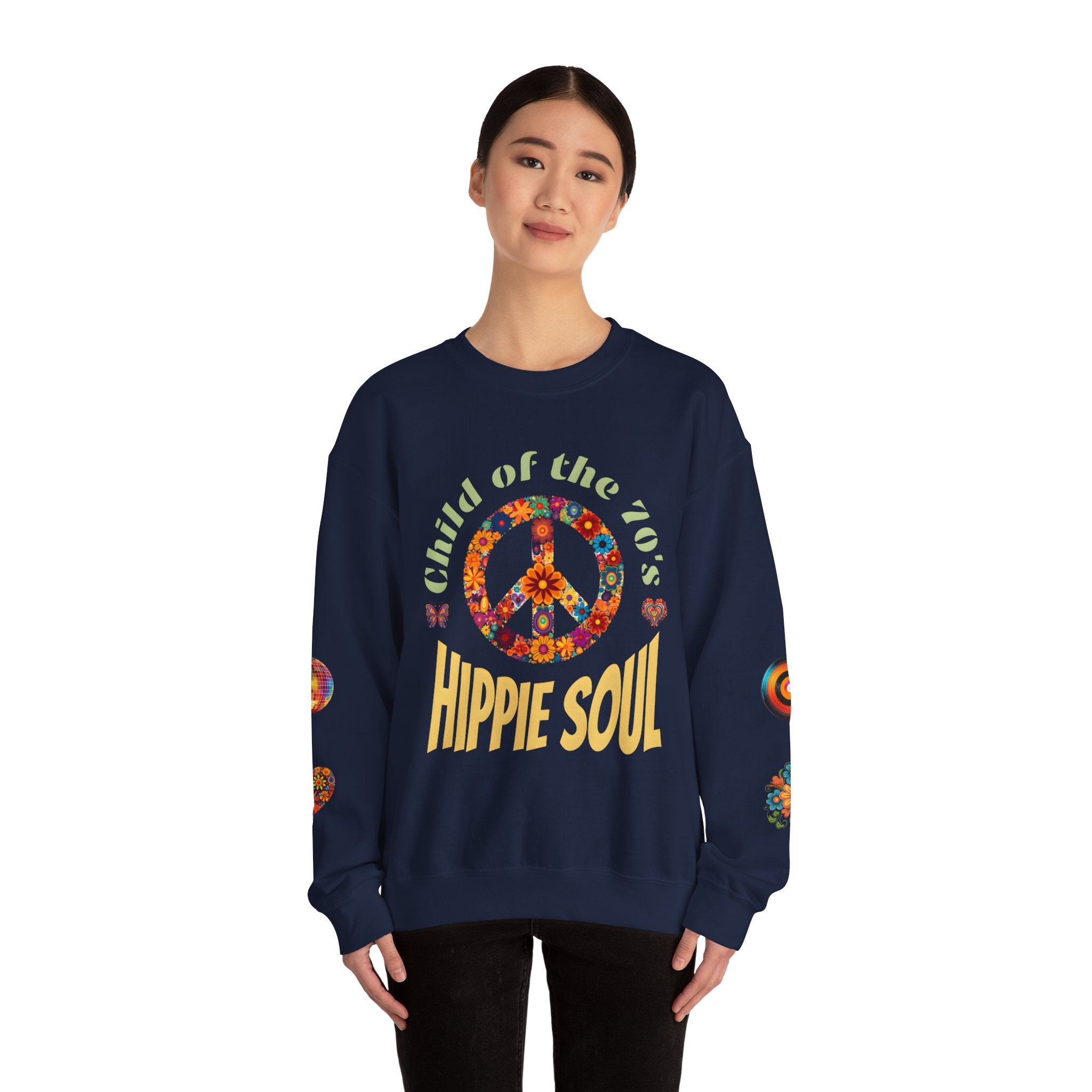 Retro Hippie Soul Crewneck Sweatshirt, Vintage 70s Fashion, Peace Sign Design, Gift for 1970's Lovers, Unisex Apparel, Cozy Sweatshirt