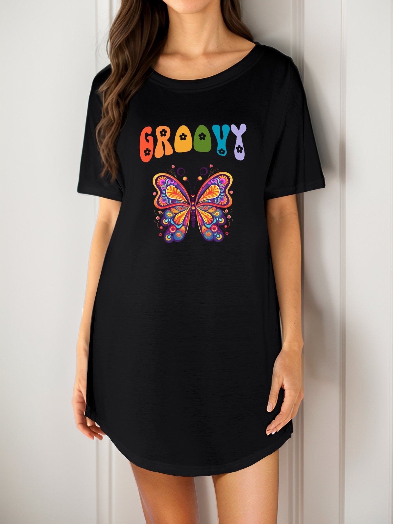 Groovy Butterfly Casual Summer T-Shirt Nightgown for Women (Front Printing)