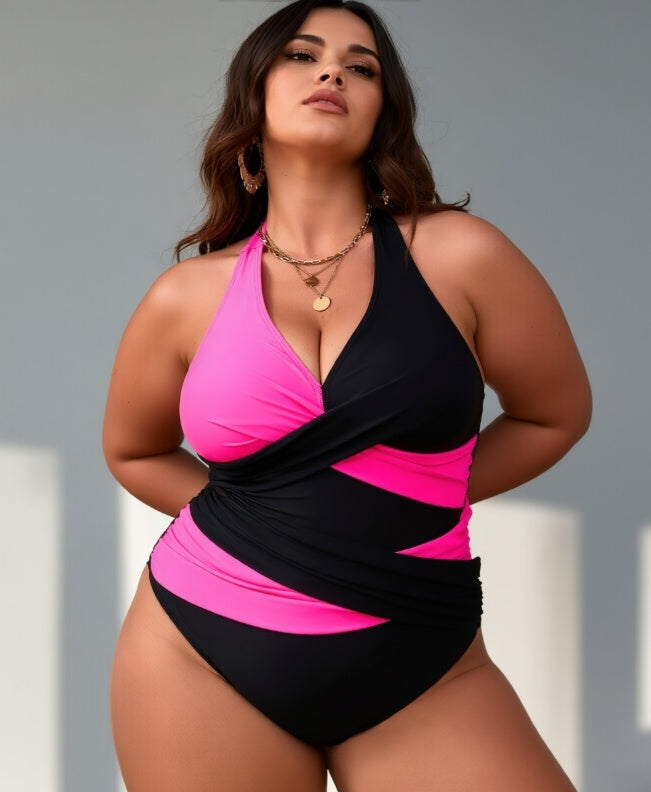 Women's Magenta & Black Plus Size One-piece Casual Swimsuit