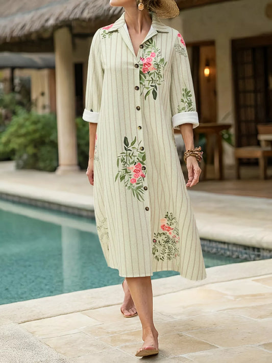 Plus Size Floral Striped Button-Down Midi Shirt Dress