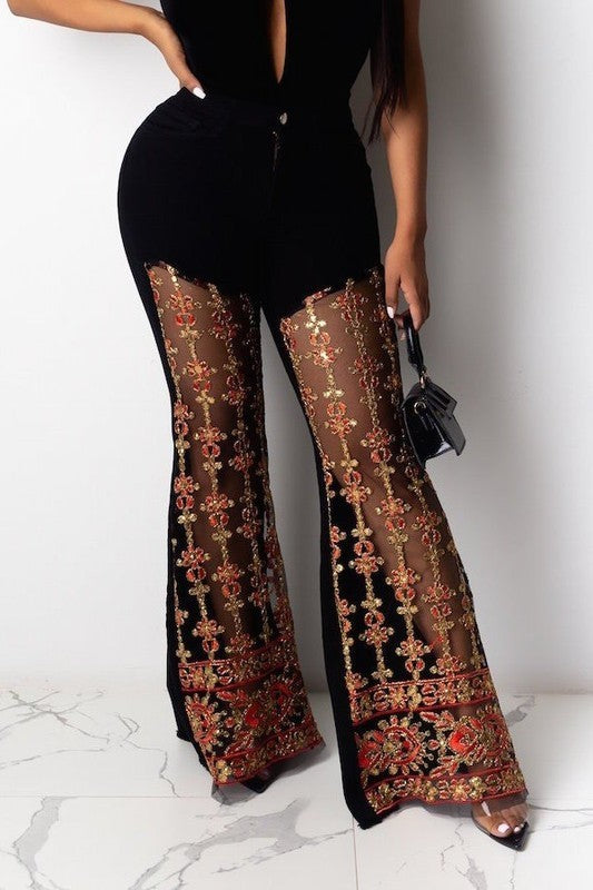 Black Lace with Gold Trim Lunar Bell Bottom Jeans - Inseam 32