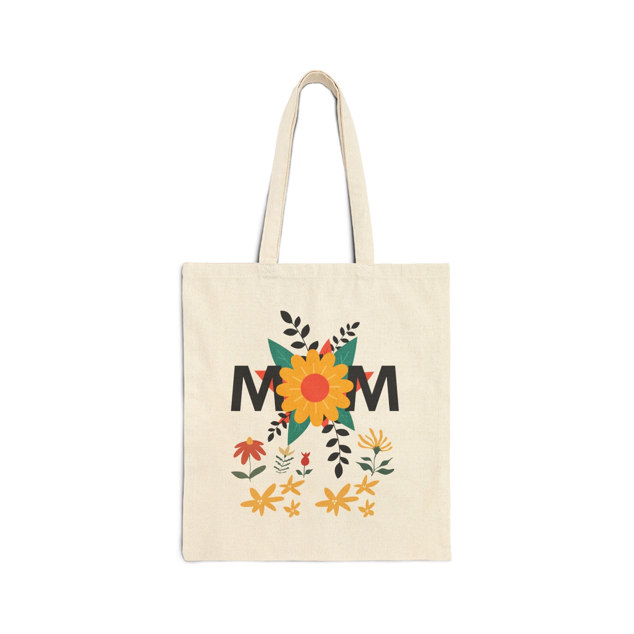 Mom with Floral Design Cotton Canvas Tote Bag