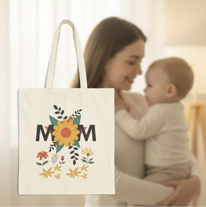 Woman holding a baby with a tote bag featuring floral designs and the word 'MOM'.
