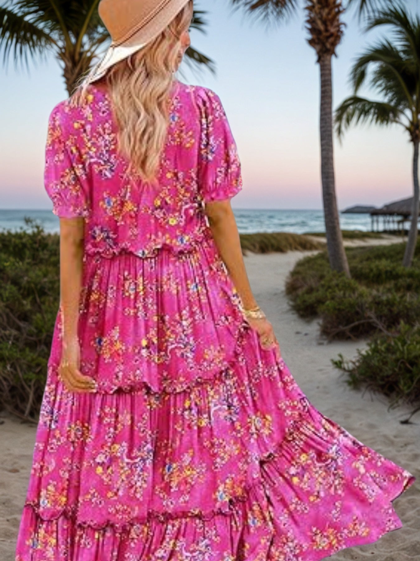 Women’s Pink Floral Summer Bohemian Short Sleeve Maxi Dress with Pockets