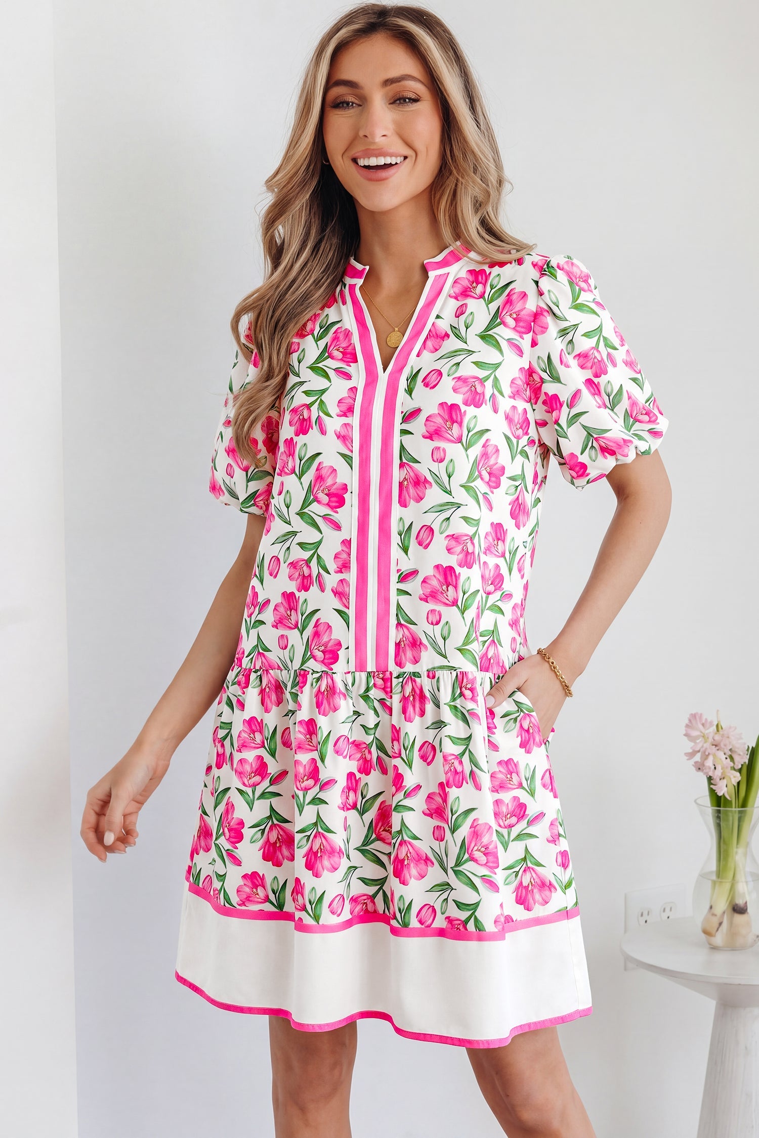 Women's Boho Sweet Pink Floral Print Short Dress Multicolour / L / 100%Polyester