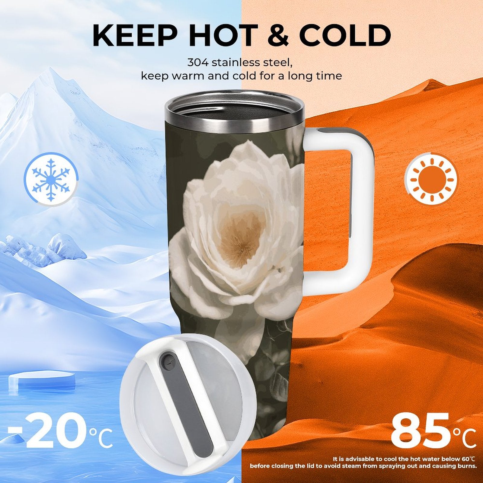 White Rose 40oz Large Capacity Stainless Steel Tumbler Cup