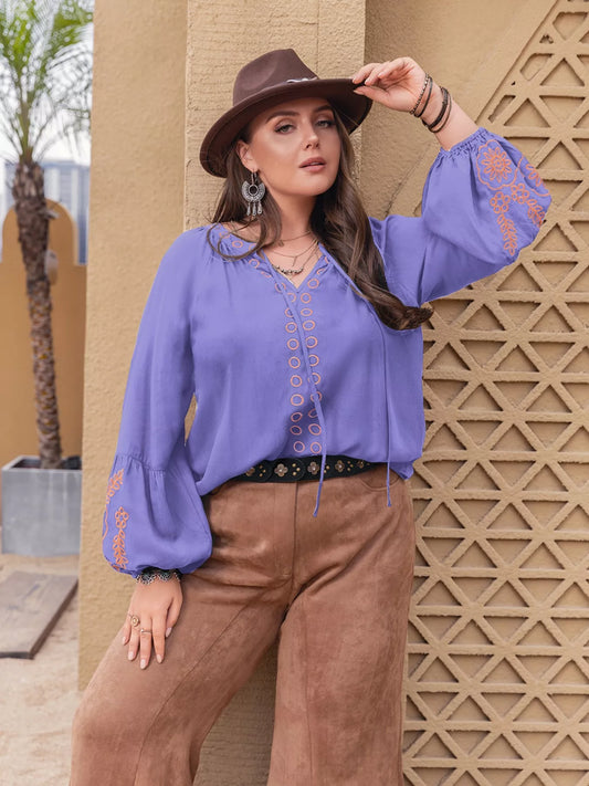 Plus Size Boho Embroidered Long Sleeve Blouse