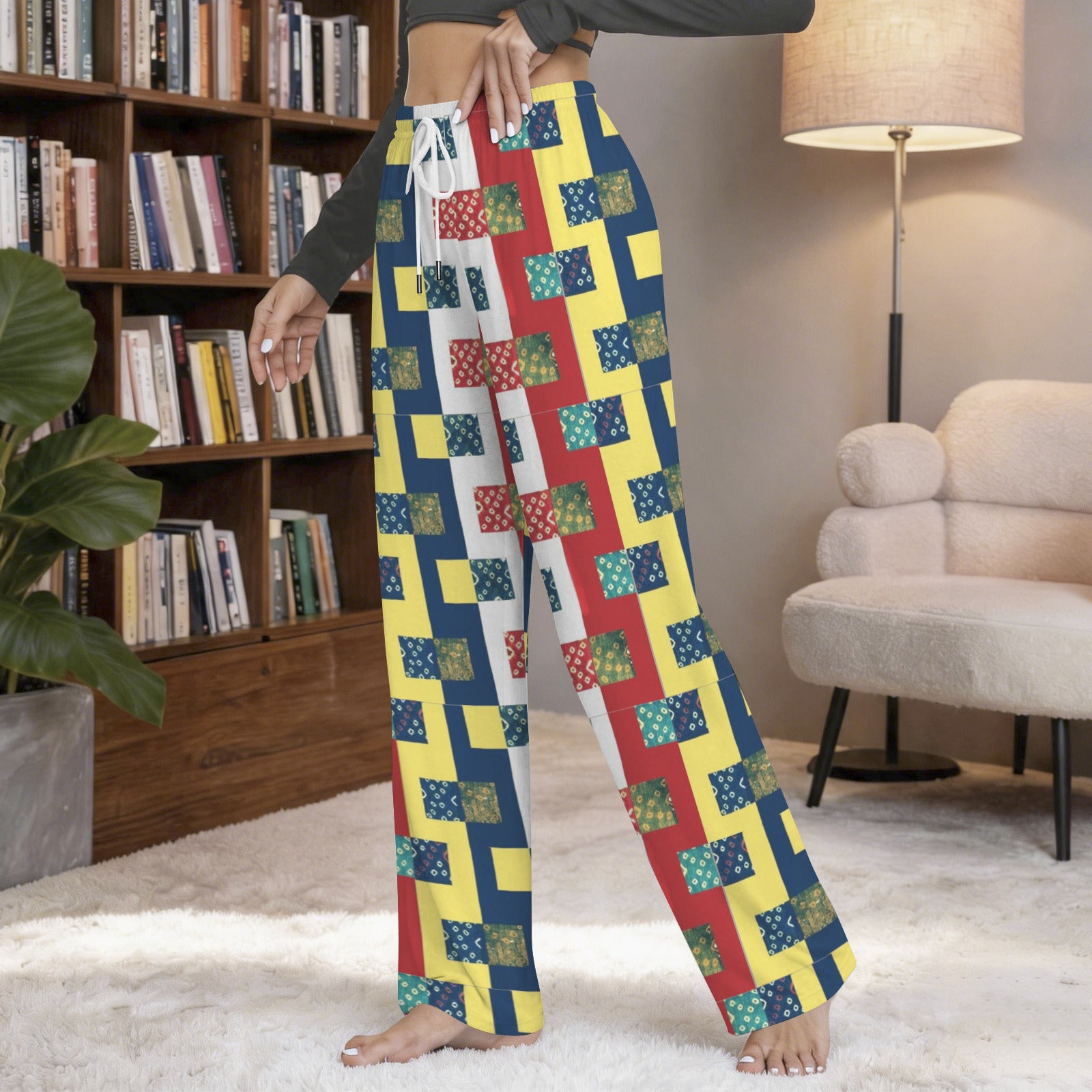 Quilt Block Pattern Women's Drawstring Lounge Pants Without Pockets (Model L84)