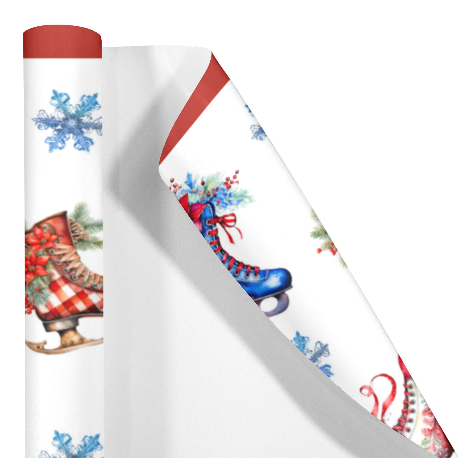 Christmas Skates with Red Border Coated Gift Wrapping Paper - 2 Rolls (Made in USA)