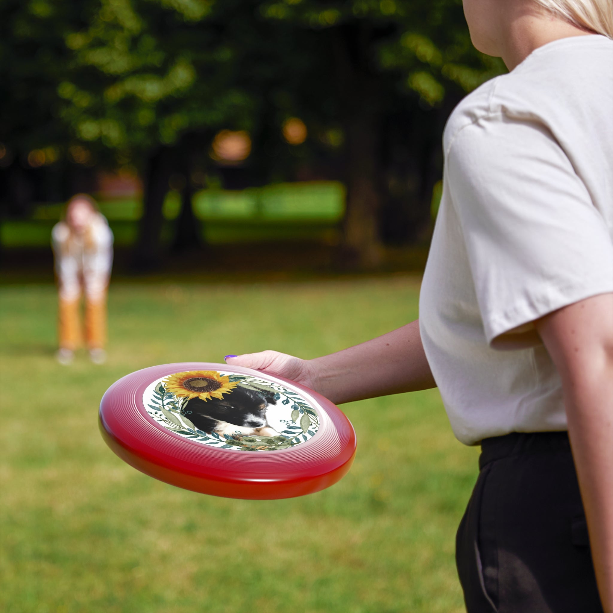 Cute Black Puppy with Sunflower Pattern Wham-O Frisbee