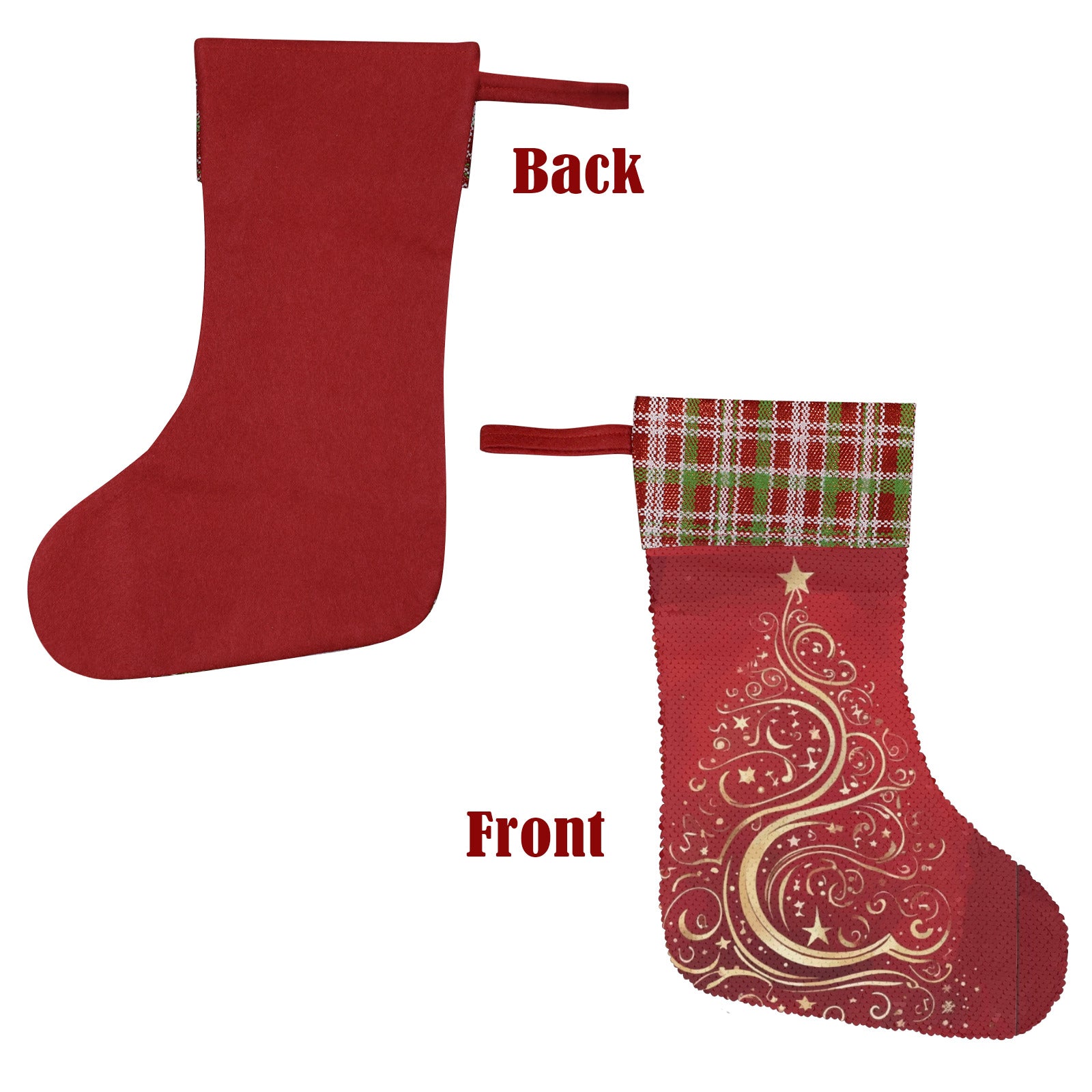 Gold Christmas Tree on Red Sequin Christmas Stocking (Made in USA)