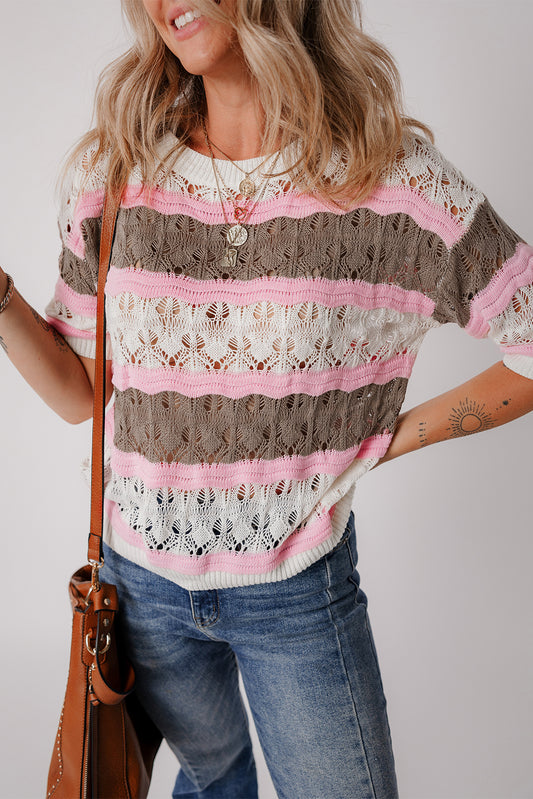 Women's Striped Color Block Hollow Crochet Sweater