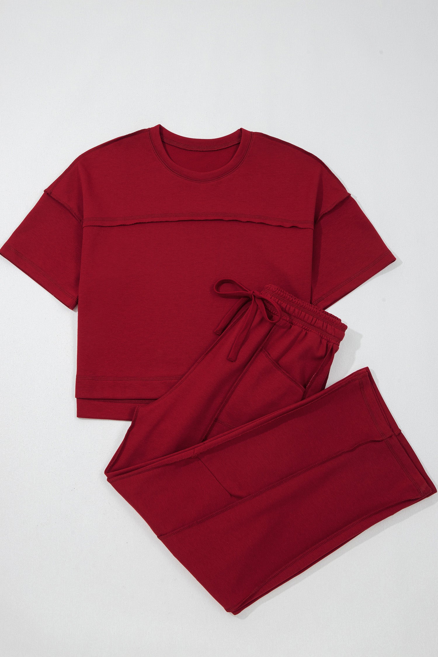 Rose Red Drop Shoulder Boxy Tee and Barrel Pants Set
