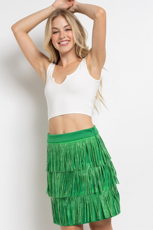 Women's Rhinestone Suede Fringe Mini Skirt