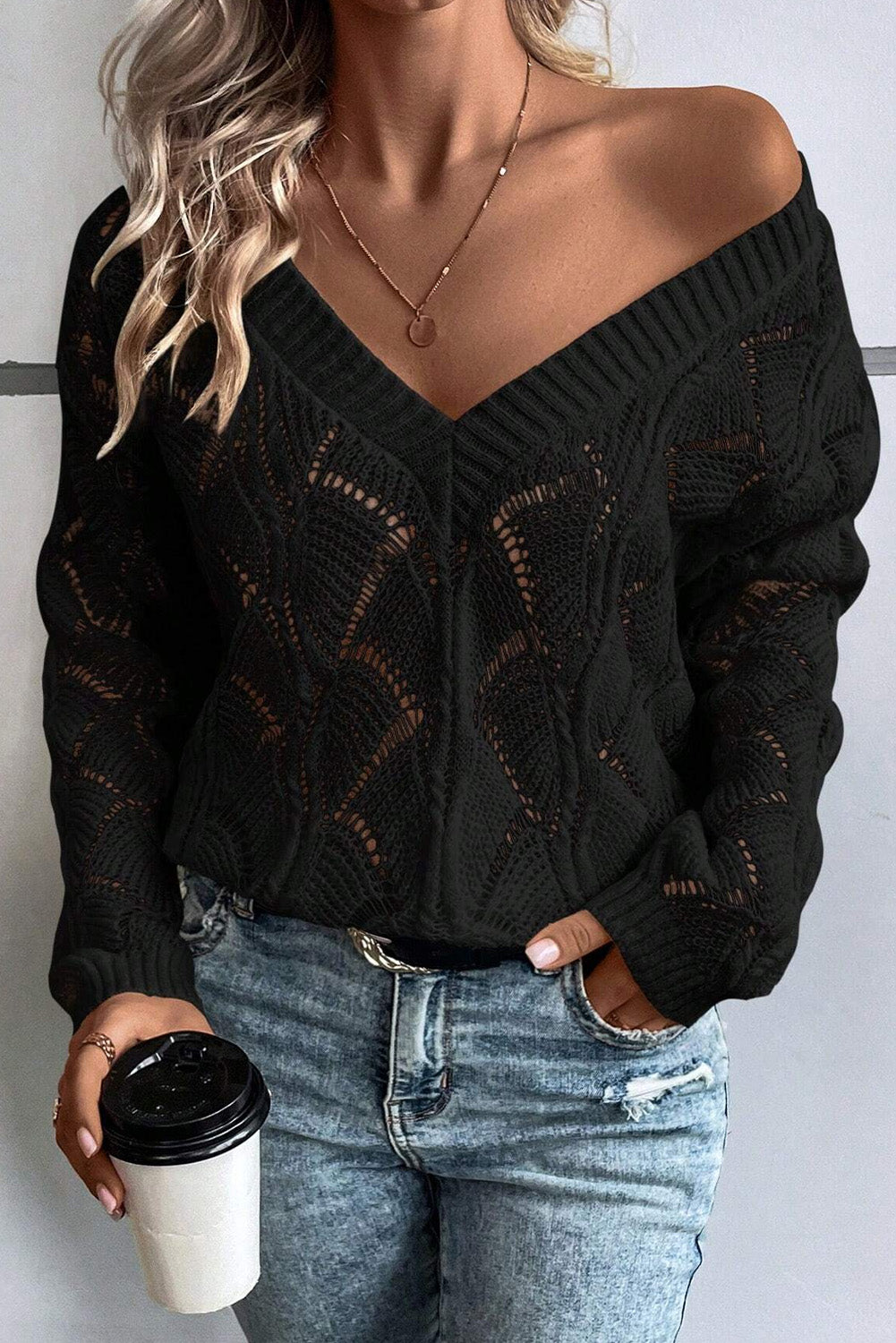 Black Hollow Out Knit V-neck Drop Shoulder Sweater