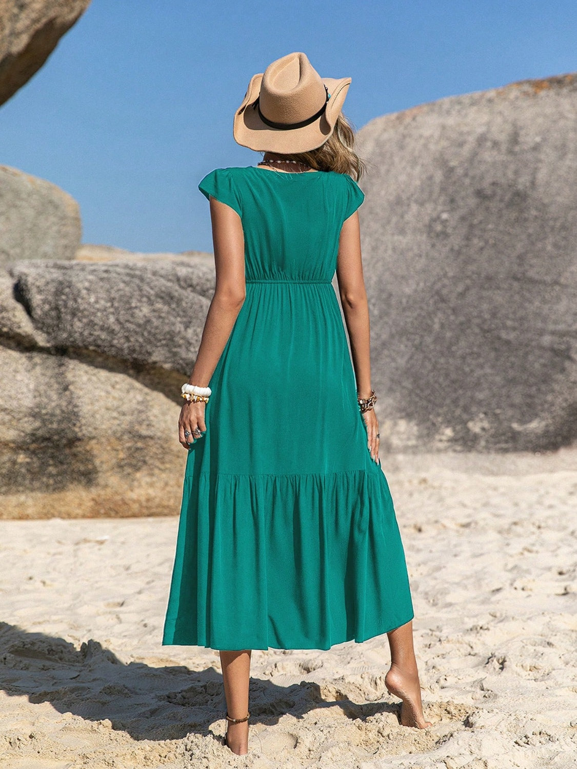 Embroidered Green Square Neck Cap Sleeve Midi Dress