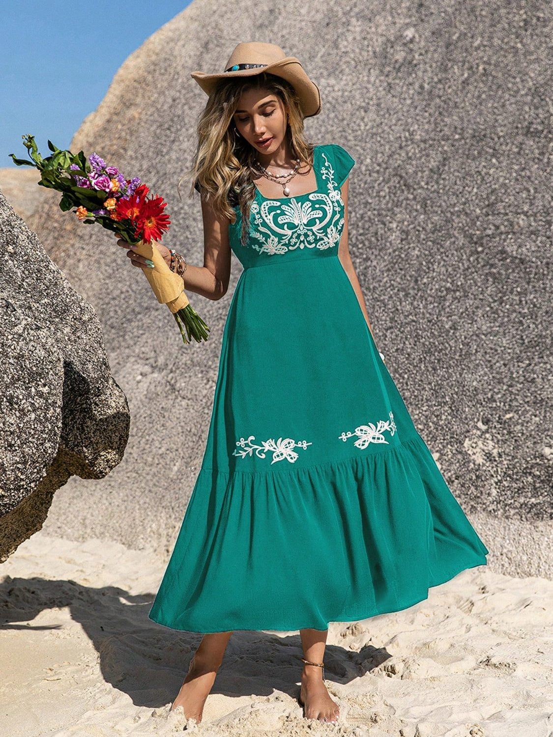 Embroidered Green Square Neck Cap Sleeve Midi Dress