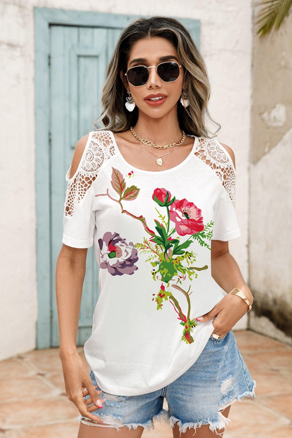 Women's Lace Detail Cold Shoulder Printed White Blouse