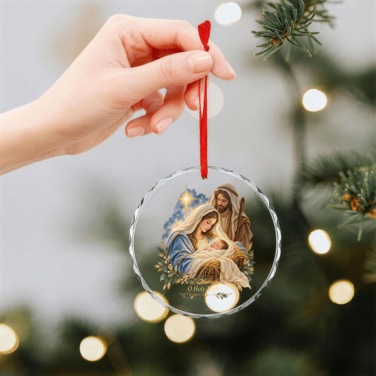 O Holy Night Baby Jesus Round Glass Christmas Ornament (Made in USA)