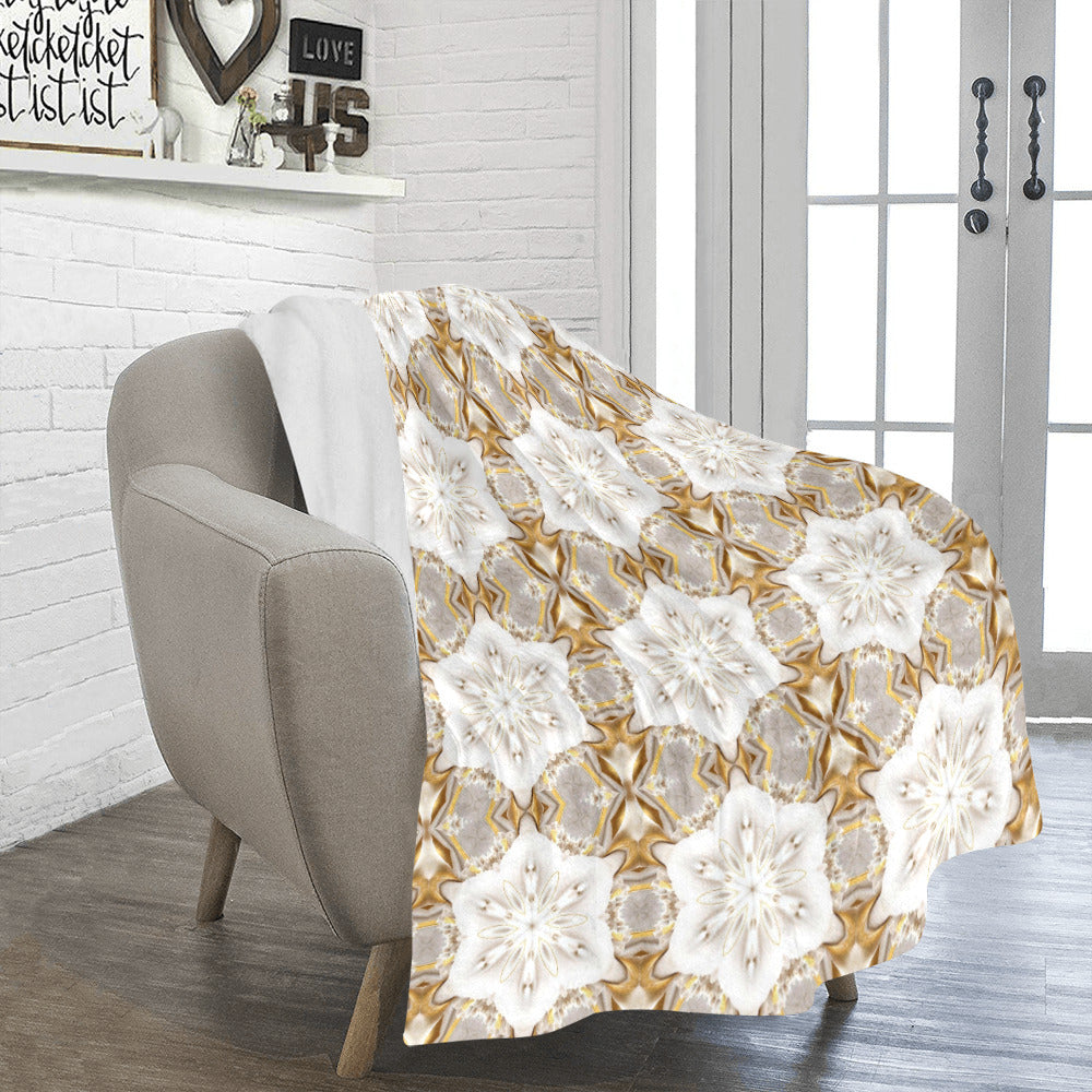 White Flower with Gold Trim Ultra-Soft Micro Fleece Blanket (Made in USA)