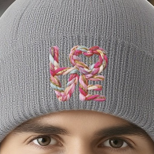 Yarn Love Faux Embroidered Knit Beanie (Made in USA)