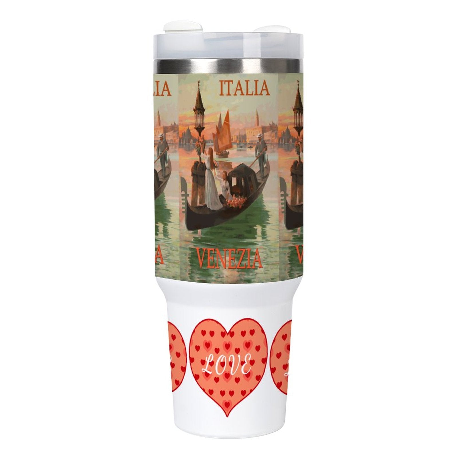 Tumbler with Venetian scene and heart design on a white background