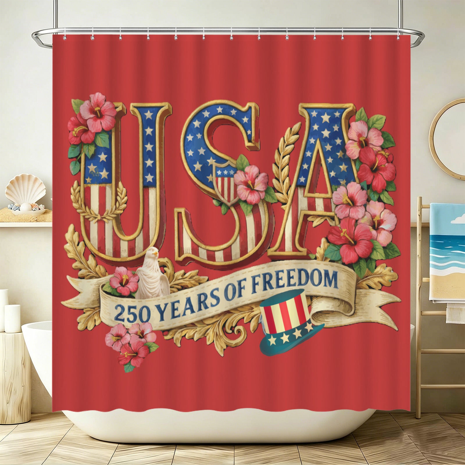 Shower curtain with 'USA 250 Years of Freedom' design on a red background