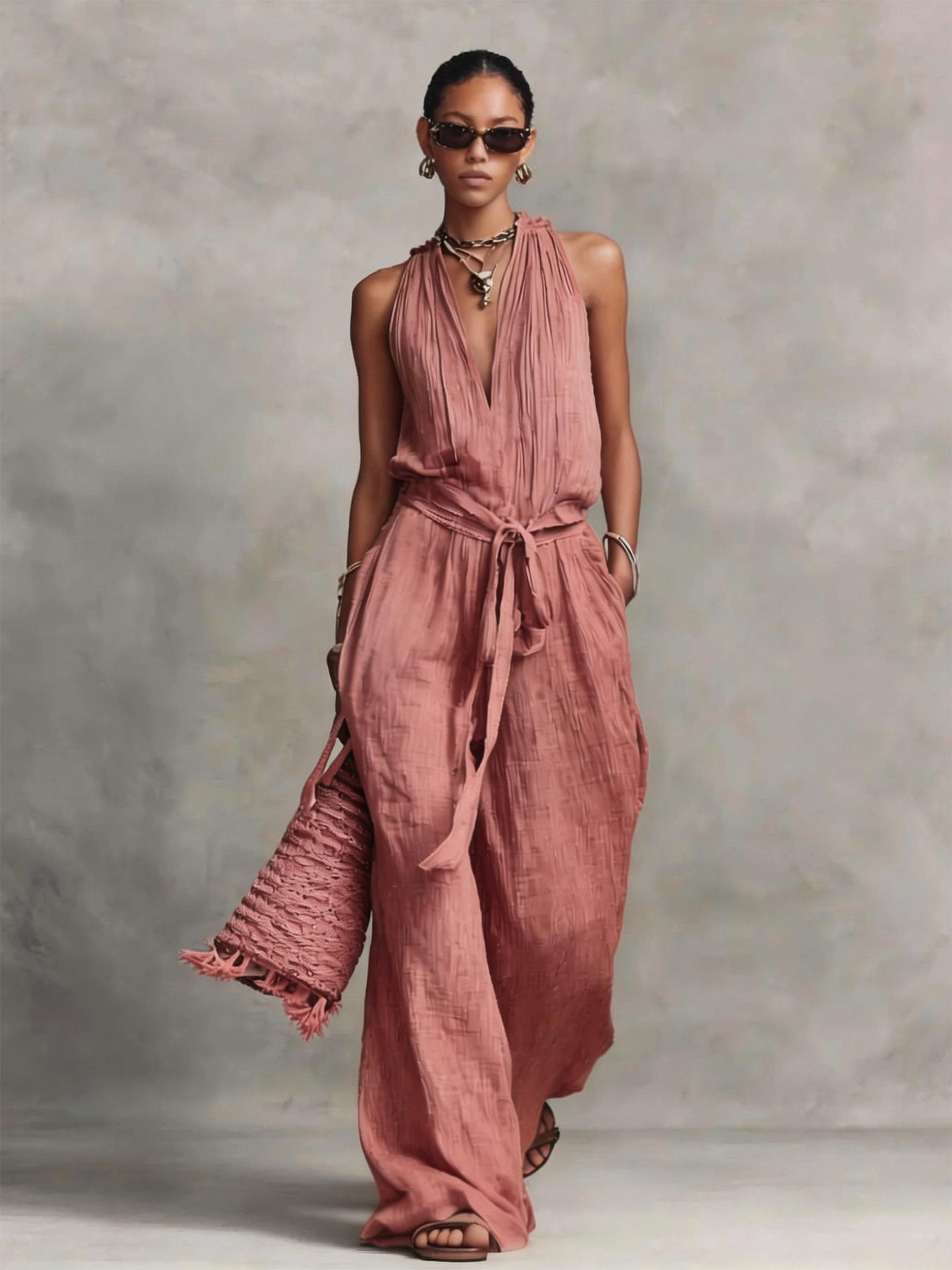 Women's Casual Belted Sleeveless Cotton-blend Jumpsuit