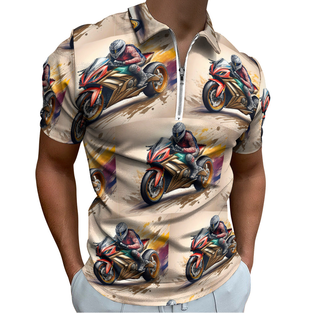 Motocross Rider Short Sleeve Polo Shirt with Zipper