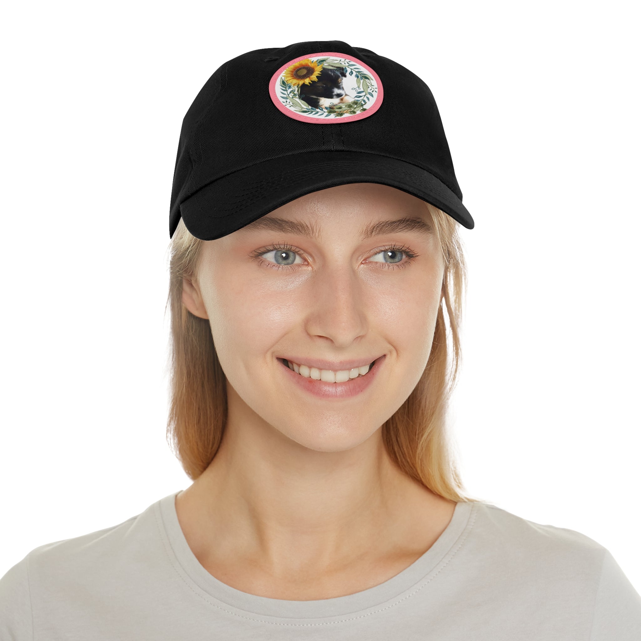 Cute Black Puppy with Sunflowers Hat with Round Leather Patch - Shell Design Boutique