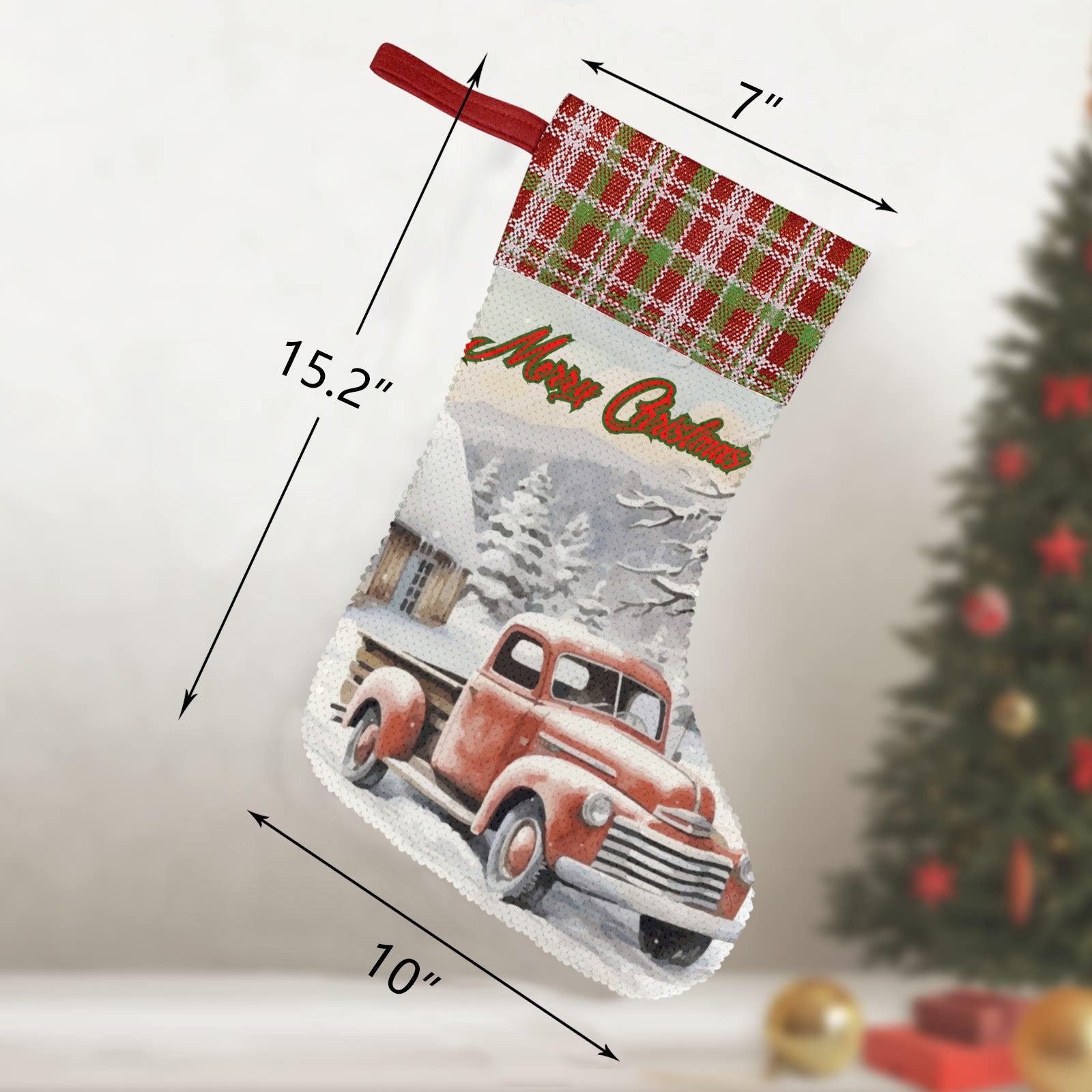 Merry Christmas Vintage Truck Sequin Christmas Stocking (Made in USA)