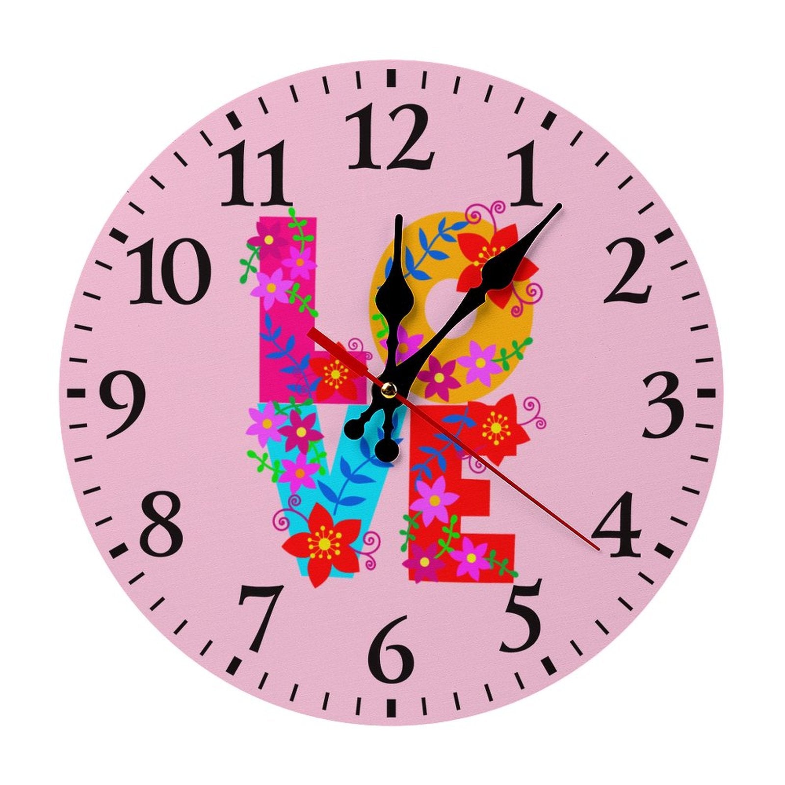 Floral LOVE Pink Modern Wooden Wall Clock