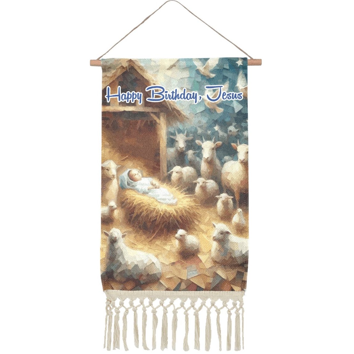 Happy Birthday Jesus Linen Wall Hanging Tapestry with Fringe (Made in USA)