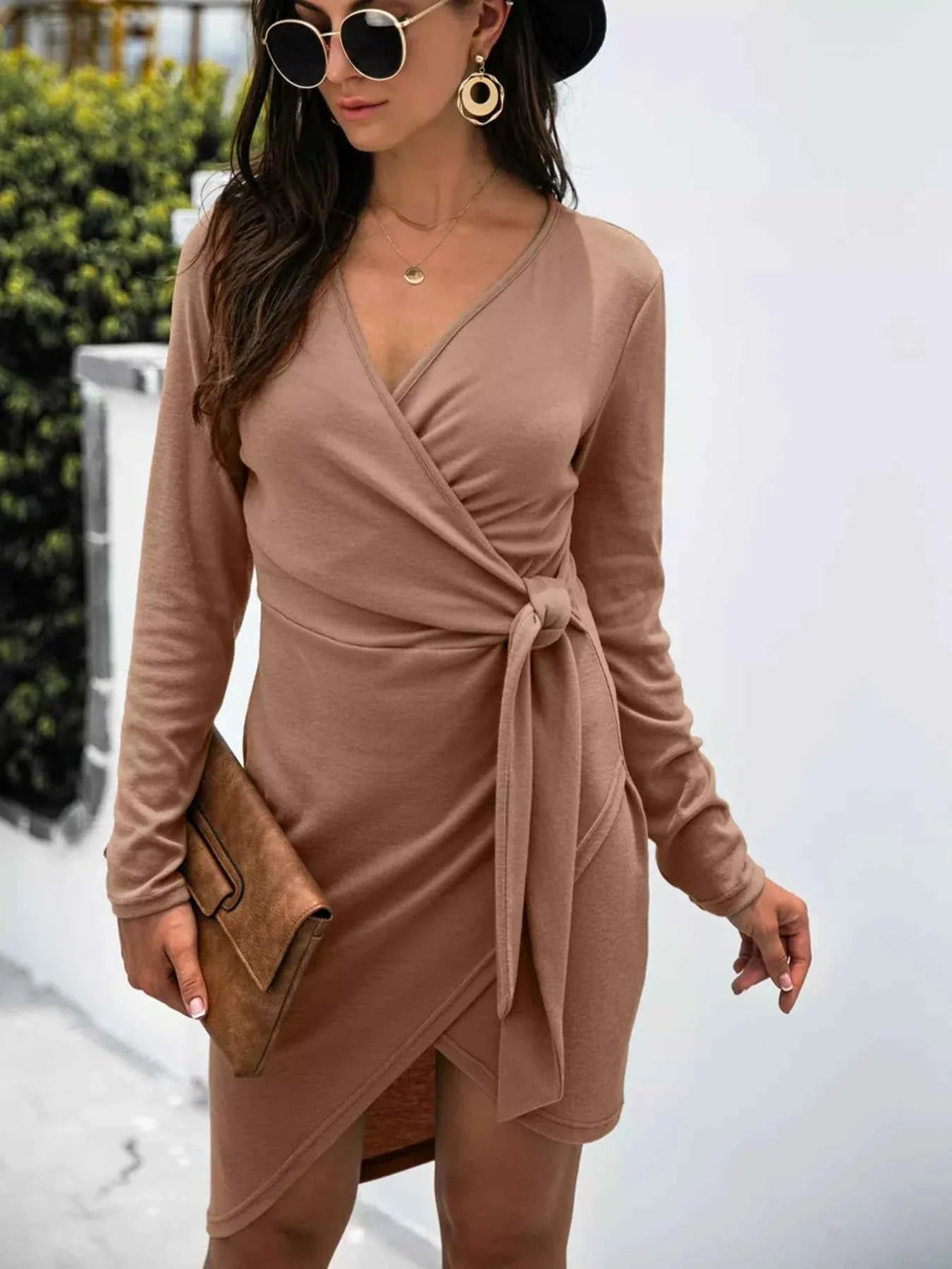 Women's Surplice Long Sleeve Side Tie Short Dress