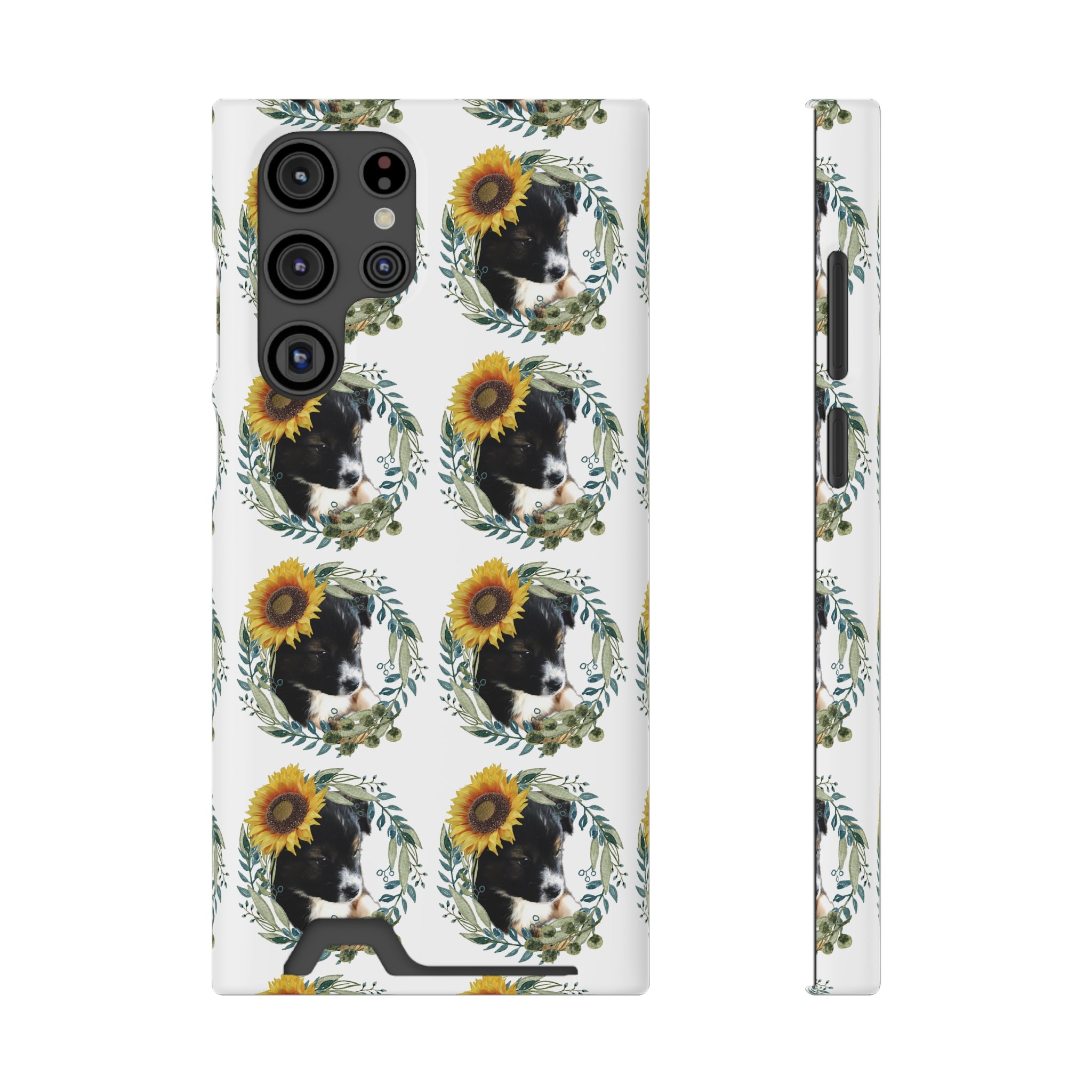 Lindo cachorro negro con funda para teléfono con girasoles y tarjetero