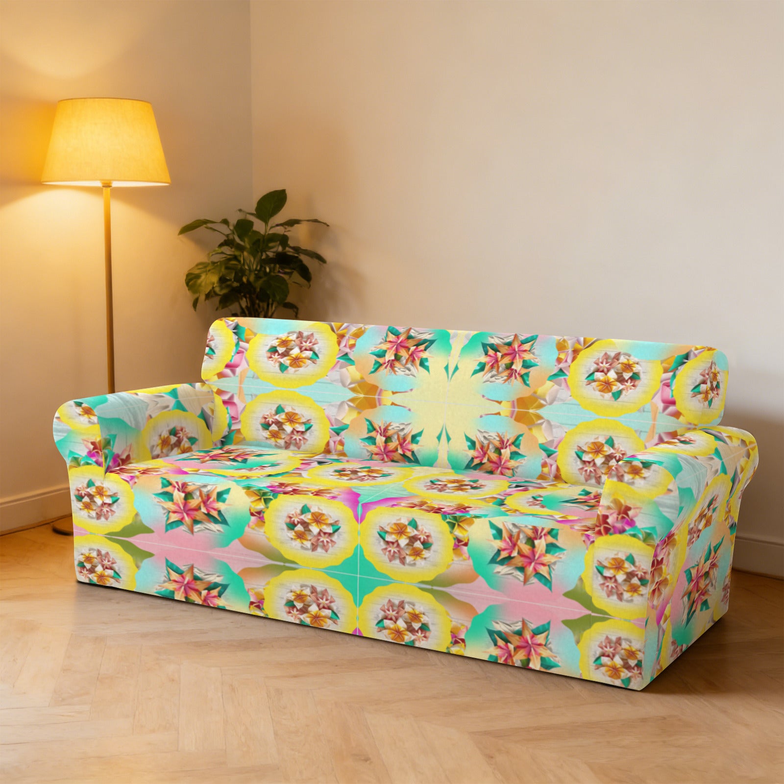 Circle Floral Pastel Pattern 3-Seater Sofa Cover | Ships from USA