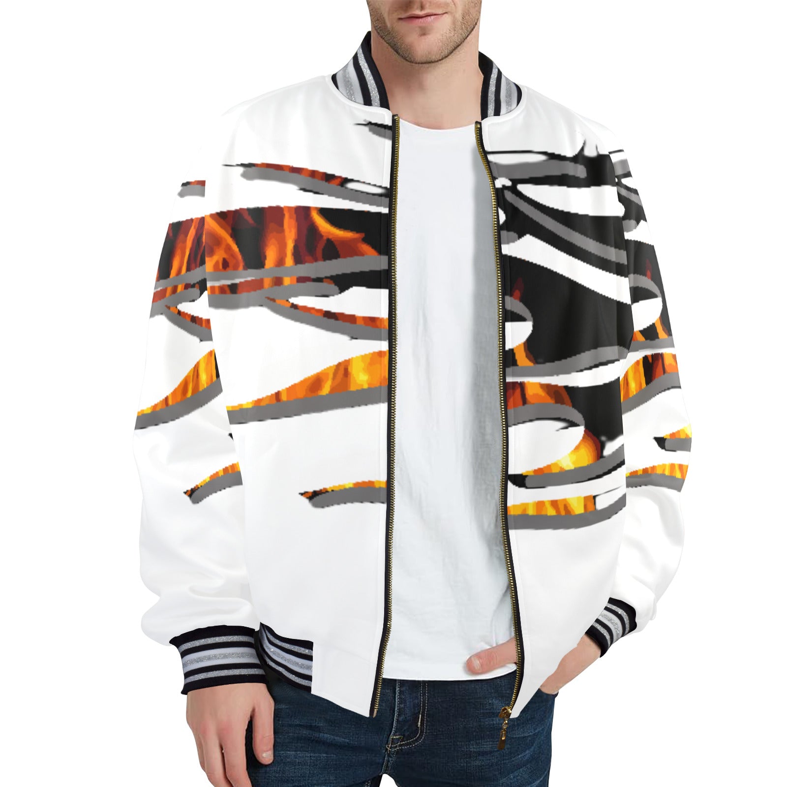 Men's Printed Design Striped Trim Bomber Jacket