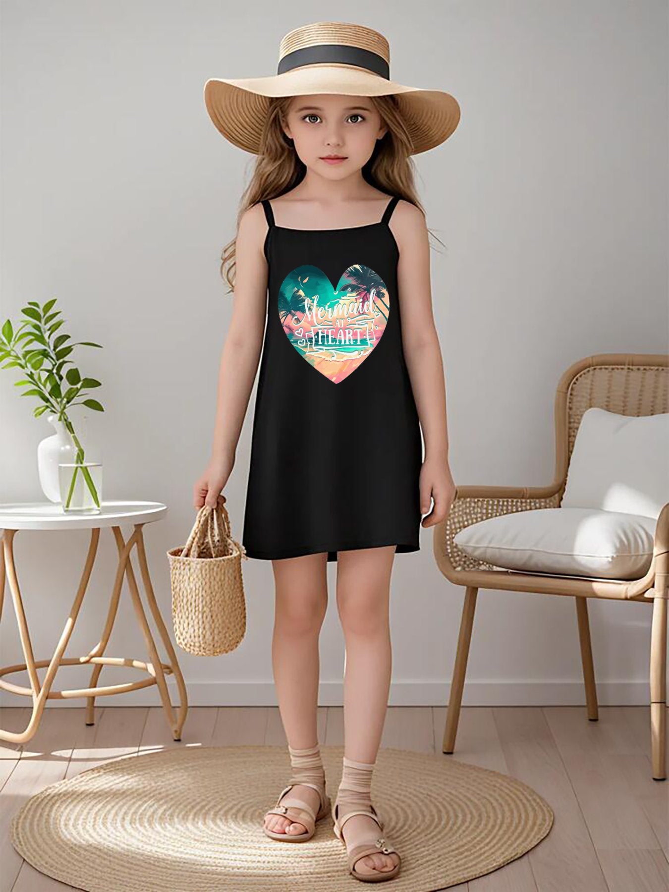 Mermaid at Heart Girls' Dress with Shoulder Straps (Front Printing)