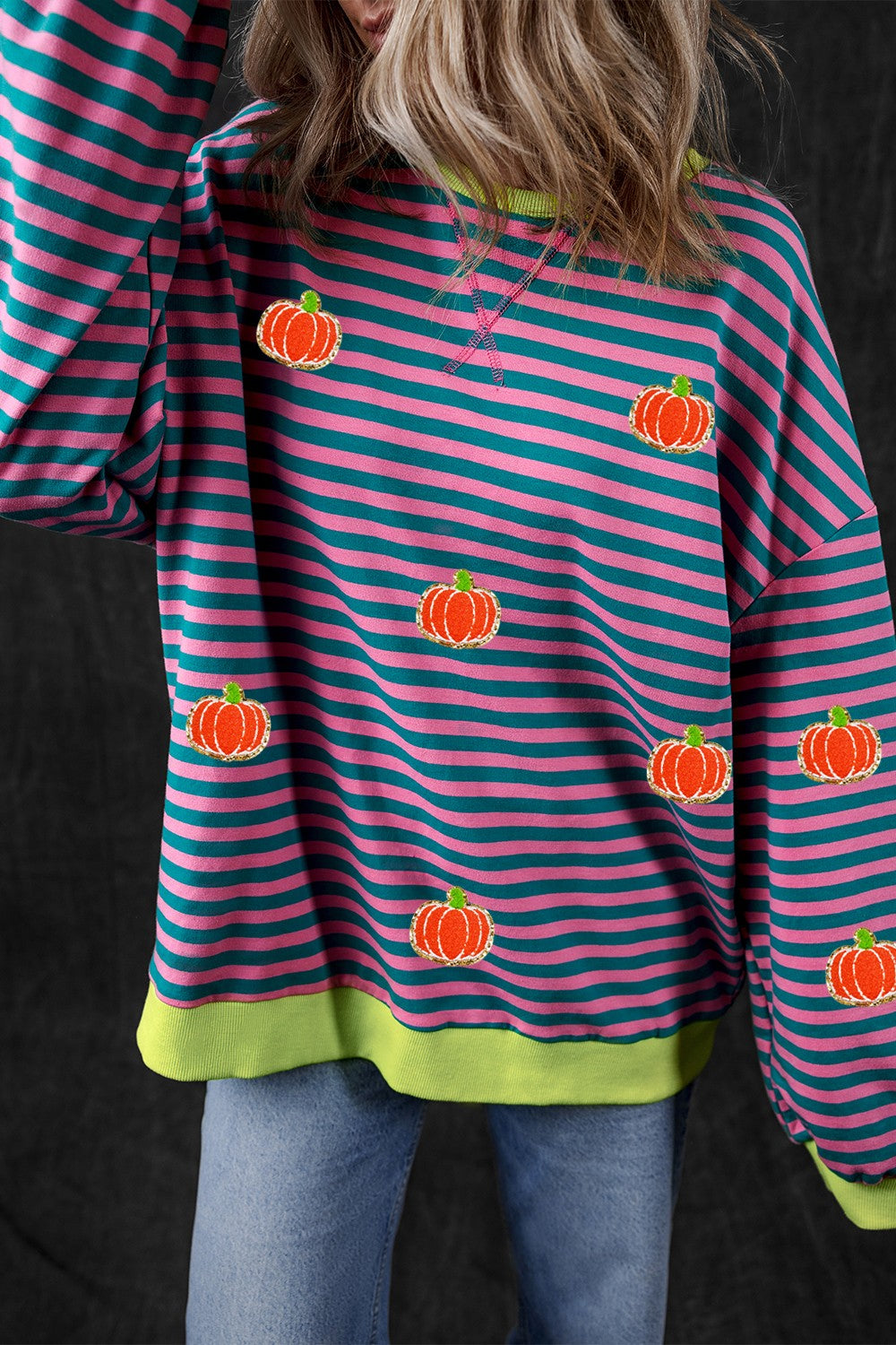 Women's Pumpkin Striped Long Sleeve Sweatshirt