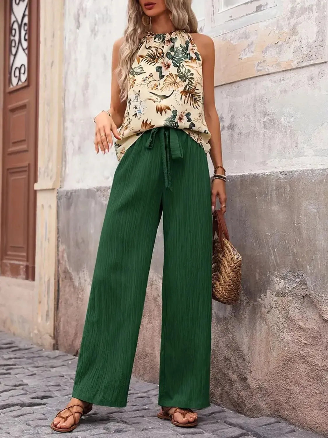 Women's Printed Tank Top and Wide Leg Pants Set Outfit