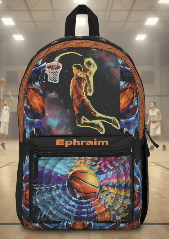 Colorful backpack with basketball design on a basketball court
