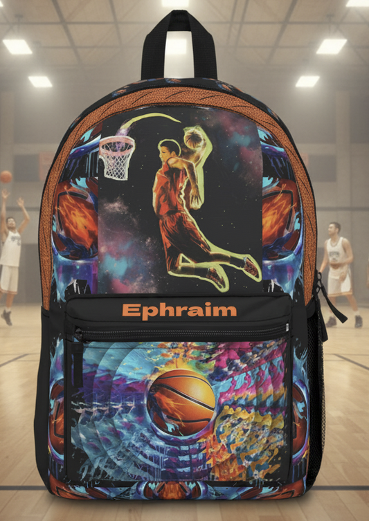 Colorful backpack with basketball design on a basketball court