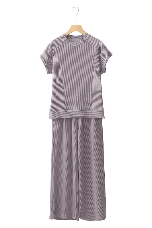 Wild Wind Solid Corded Short Sleeve Shirt and Wide Leg Pants Set