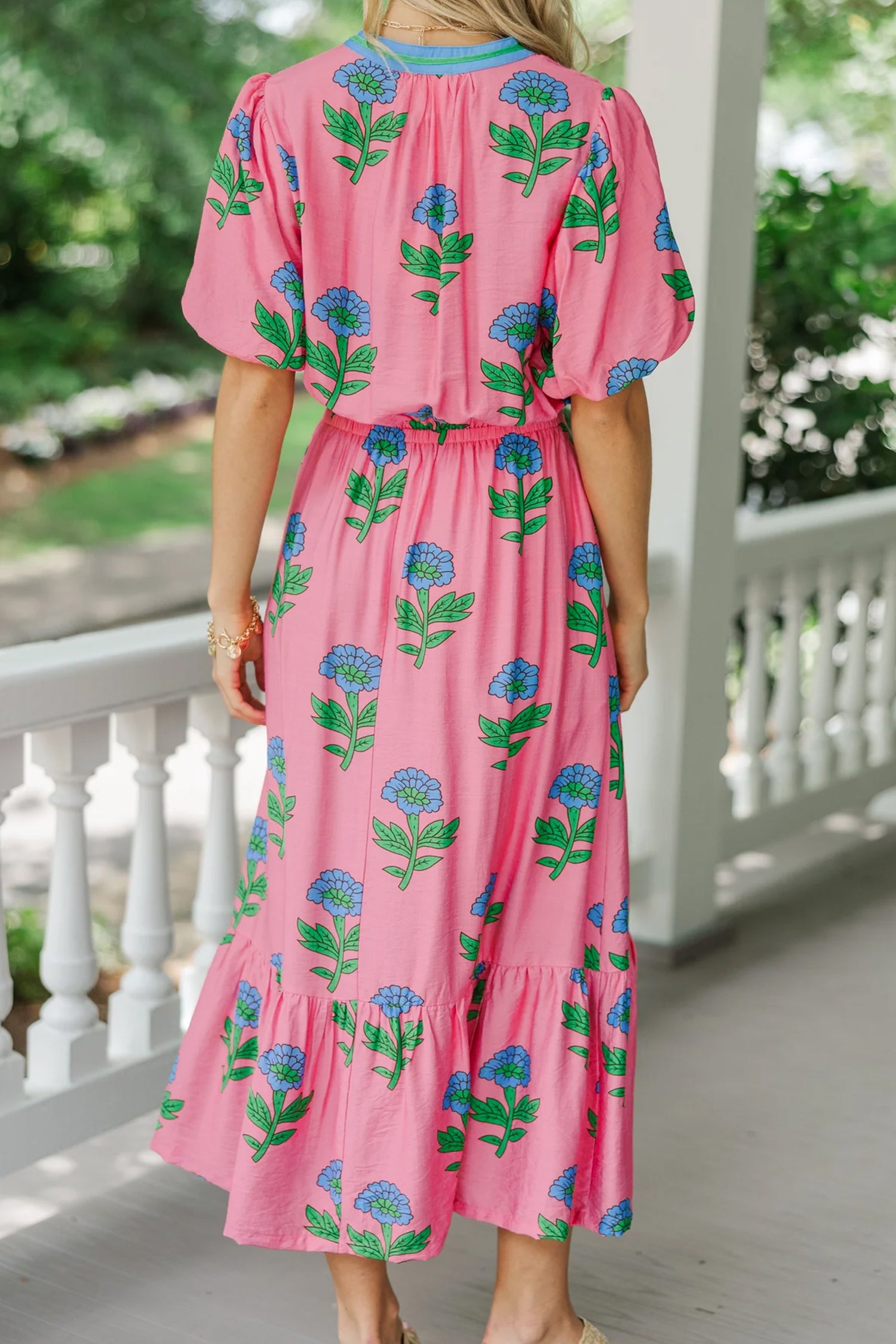 Plus Size Floral Stripe V-Neck Ruffle Maxi Dress
