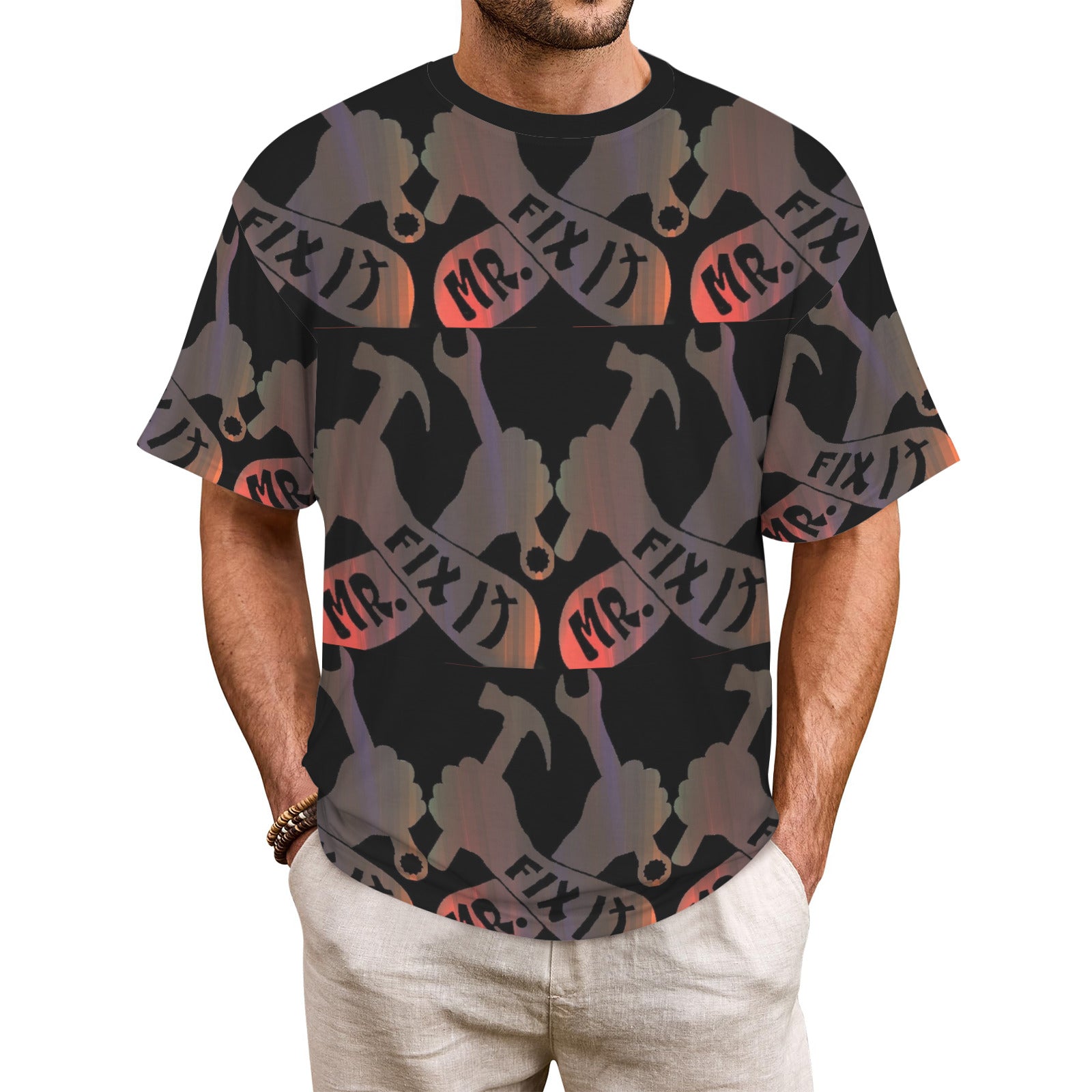 Mr Fix It Men's All Over Print Ribbed Collar T-Shirt (Model T94)