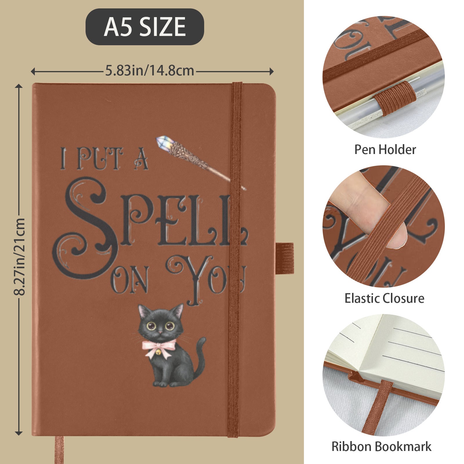 I Put a Spell on You Black Cat Leather Journal Strap Notebook (Front Print)